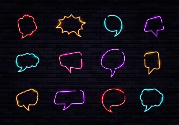 Glowing neon speech bubble sign communication neon sign luminous signboard with speech clouds