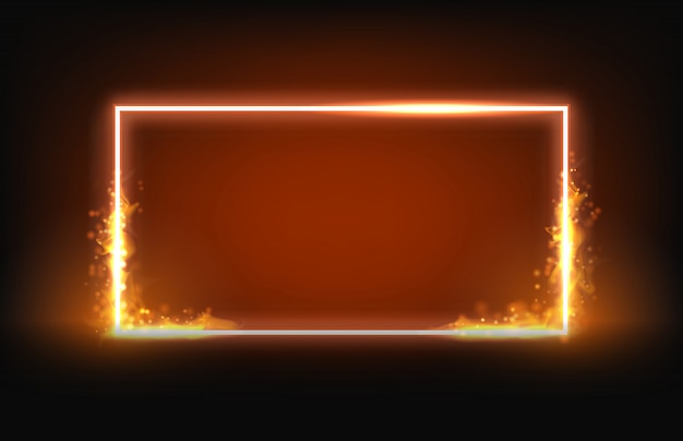 Glowing neon square frame with fire and smoke element