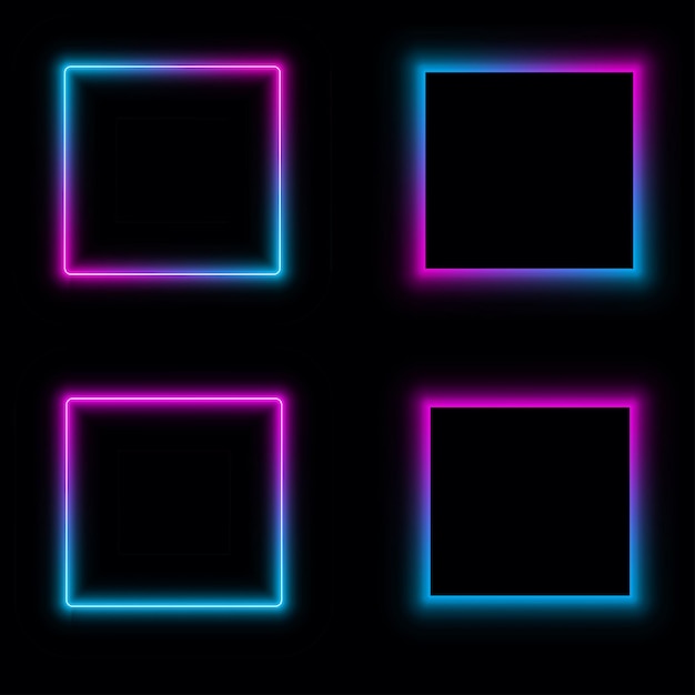 Glowing neon square frame with pink and blue light isolated on black background Gradient border