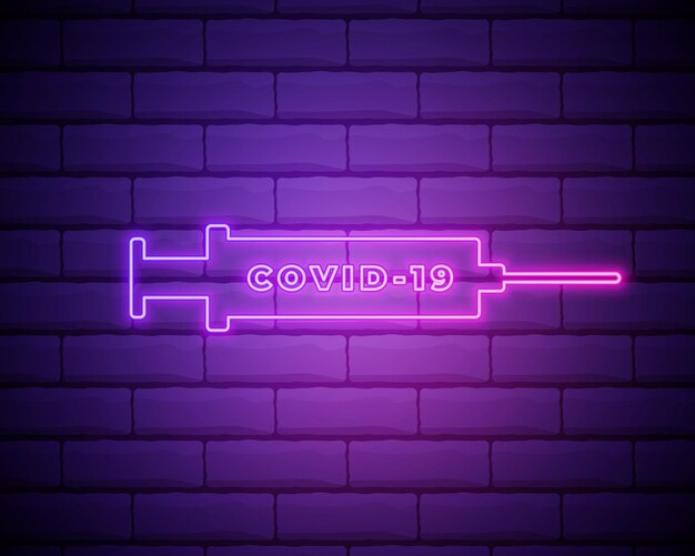 Glowing neon syringe icon isolated on brick wall background syringe for vaccine vaccination injection flu shot medical equipment vector illustration