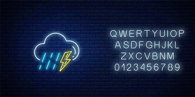 Glowing neon thunderstorm with rain weather icon with alphabet. Storm and rain symbols with lightning in neon style to weather forecast in mobile application. Vector illustration.