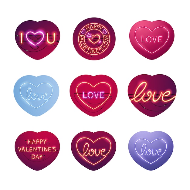 Vector glowing neon valentine signs sticker pack