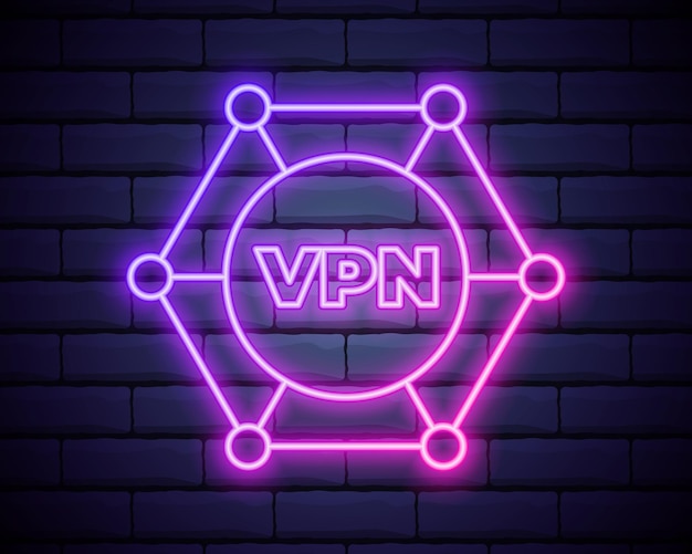 Светящийся неоновый значок подключения к сети vpn изолирован на фоне кирпичной стены социальные технологии векторная иллюстрация