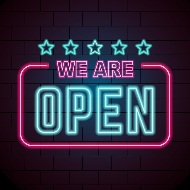 glowing neon we are open sign template