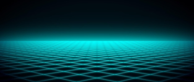 Вектор Светящийся неоновый каркас горизонта фона светло-зеленая синяя сетка пола комнаты в перспективе