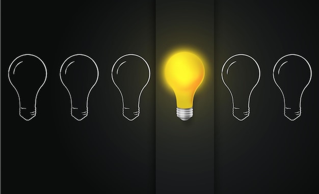 Vector glowing new idea light bulb isolated on dark background with drawn light bulbs