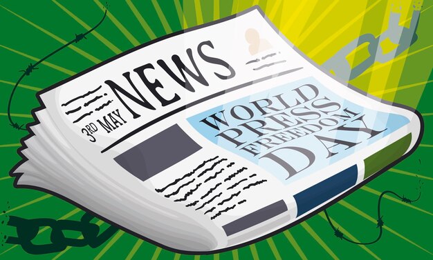 Vector glowing newspaper breaking chains during world press freedom day