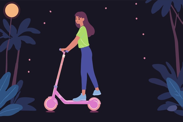 Glowing Night Ride Vibrant Vector Illustration of Person Riding Scooter on Dark Background