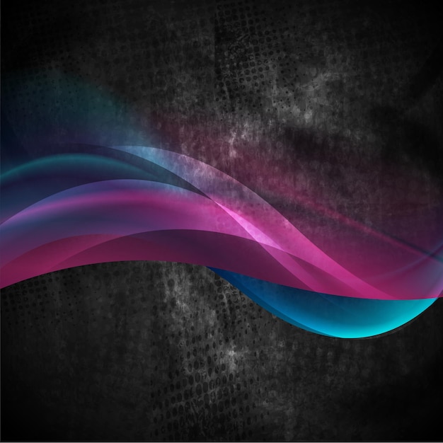 Vector glowing purple and blue waves on black grunge background vector design