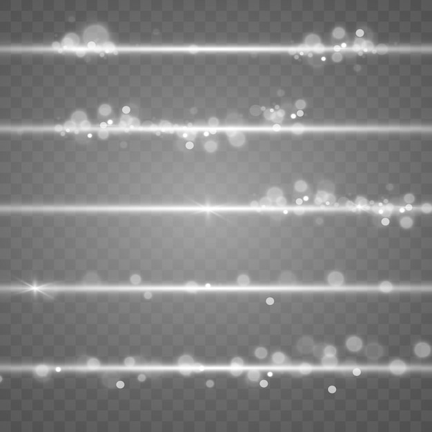 빛나는 반짝임 흰색 선 플래시 조명 효과 세트 투명 배경에 밝은 눈부심 추상 불꽃 보케 은색 수평 광선 줄무늬 레이저 광선 속도 모션 라인 벡터