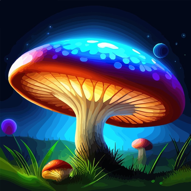 Glowing spotted fluorescent mushroom mystic luminescent forest psychedelic colors vector