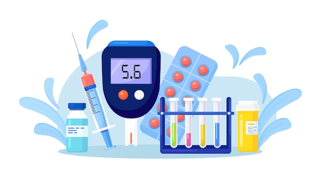 血中の糖分を測定するための血糖計。ブドウ糖検査計、インスリン注射器、試験管、薬。 2型糖尿病の治療、モニタリングおよび診断