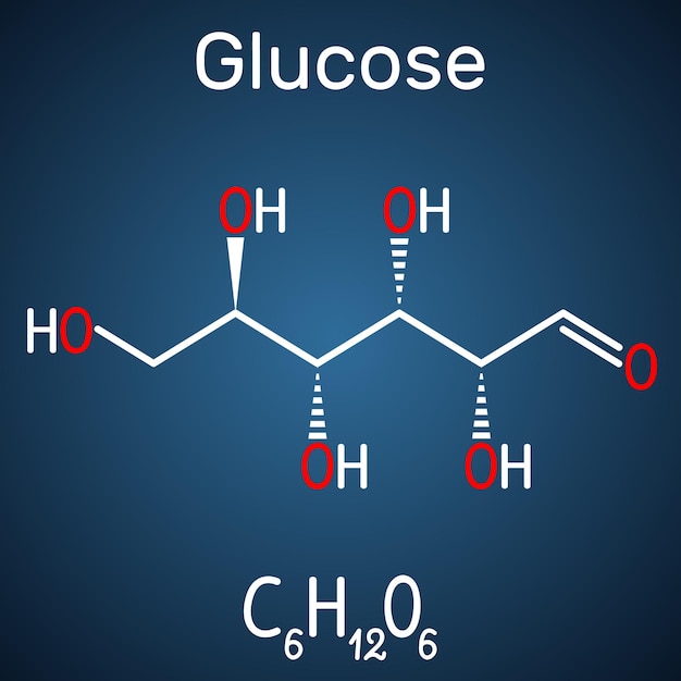 Glucose dextrose Dglucose molecuul Lineaire vorm Structurele chemische formule Donkere blauwe achtergrond