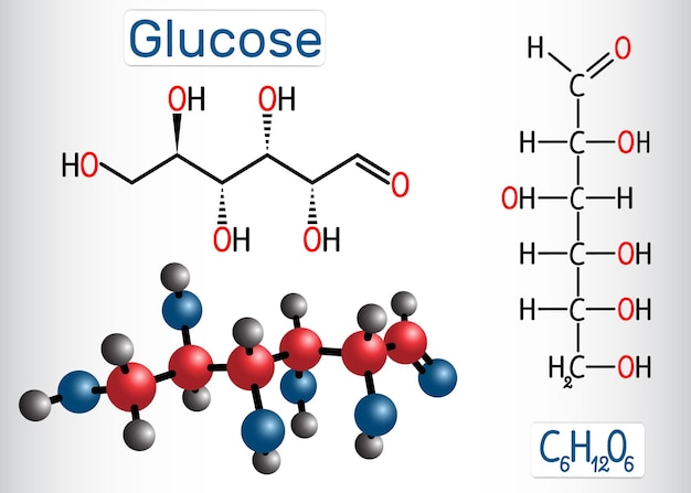 Glucose dextrose Dglucose molecuul Lineaire vorm Structurele chemische formule en molecuulmodel