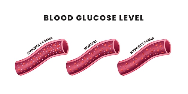 Vector glucose in het bloedvat glucose niveau hyperglycemie hypoglycemie bloed en suiker stroom in het bloed