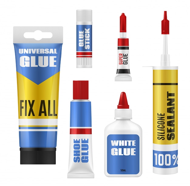 Glue packages with stick, tube and bottle mockups