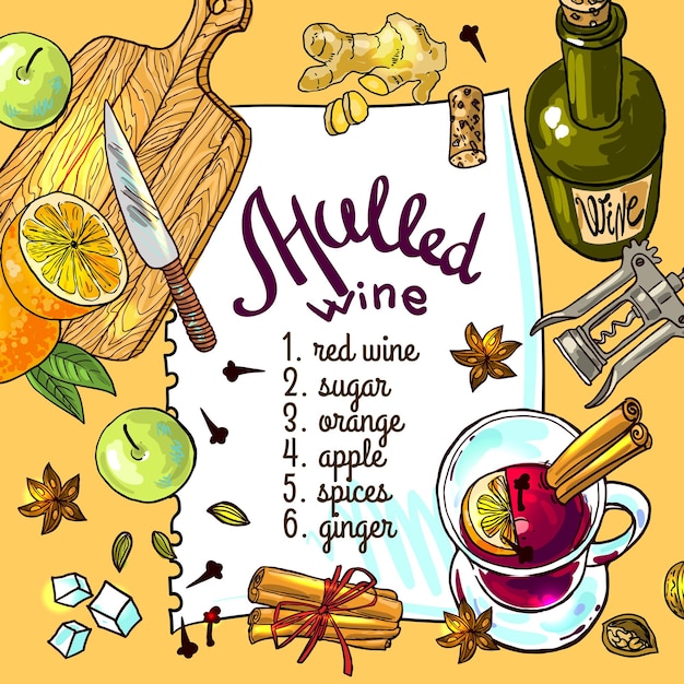 Glühwein set met glas drank en met de hand getekende ingrediënten vectorillustratie