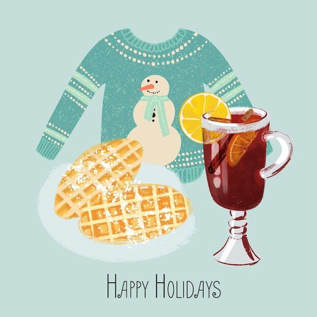 Glühweinwafels en sweaterillustratie met tekst Happy Holidays