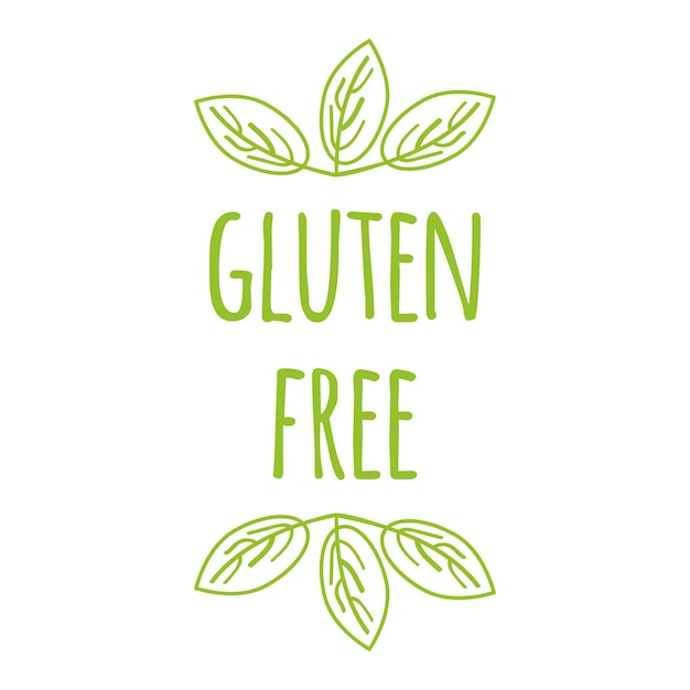 Gluten free hand drawn lettering phrase with green leaves isolated on white background