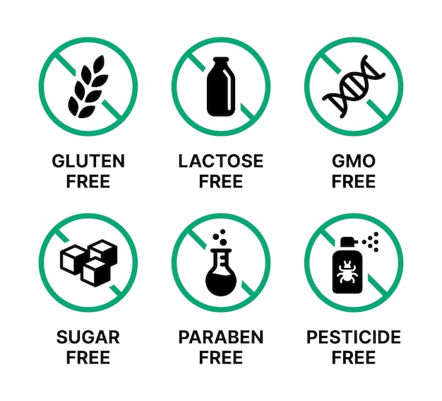 글루텐 무료, 유당 무료, Gmo 무료, 무설탕, 파라벤 무료 및 농약 무료 벡터 라벨 기호