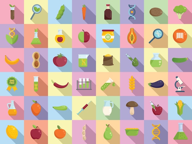 Gmo food icons set flat vector antibiotic corn