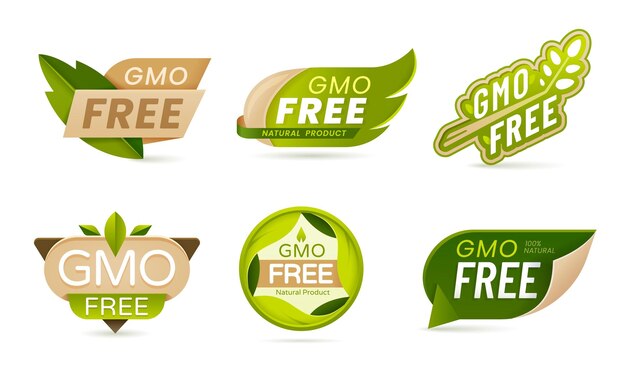 Vector gmo free food vector icons with green leaves