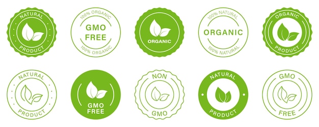 Gmo Free Silhouette Icon Non Gmo Vegan Food Glyph Green Badge Healthy Symbol Set Organic Bio Product