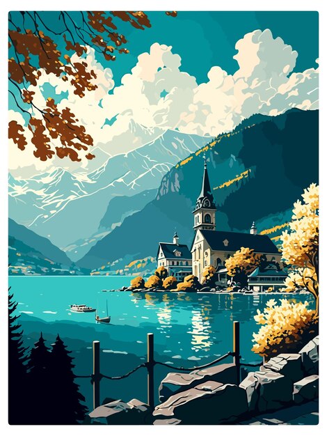 Gmunden austria vintage travel poster souvenir postcard ritratto pittura wpa illustrazione