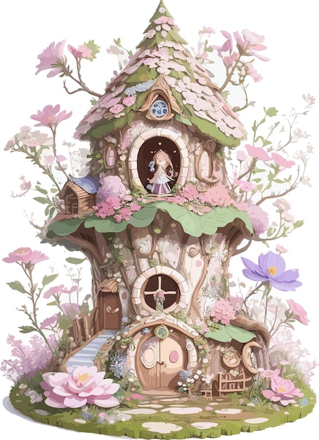 Gnenome Woodland Fairy House super gedetailleerd zeer ingewikkeld mooie schattige grillige cartoon met fl