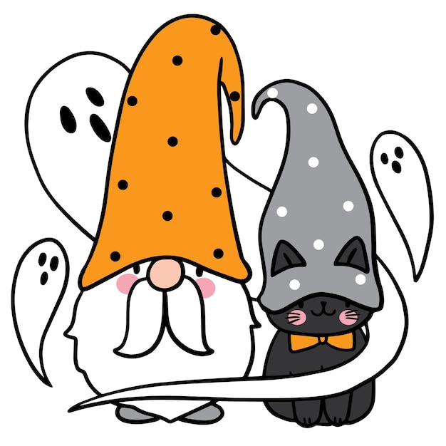 Gnome と黒猫のハロウィーン、かわいい漫画の文字ベクトル。