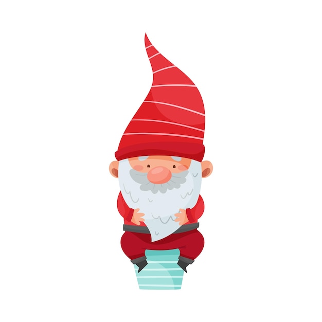 Gnome Character with White Beard and Red Pointed Hat Sitting on Chimney Vector Illustration