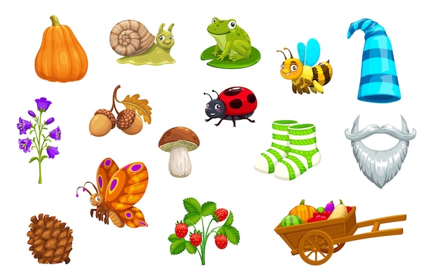 Vector gnome gardening plants animals harvest and hat