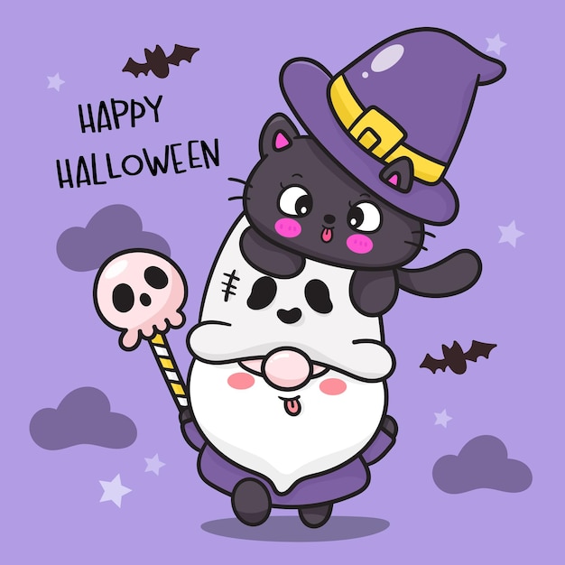 Gnome Halloween en heks kat kawaii karakter