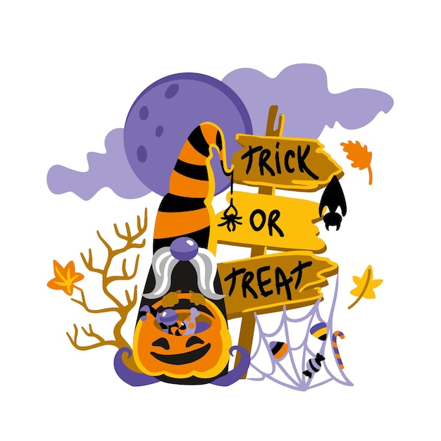 Gnome on halloween. trick or treat, kids illustration. halloween party. vector