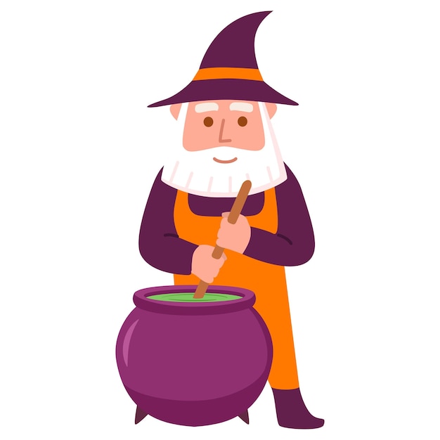 Gnome for halloween.Wizard is brewing a potion in a cauldron.