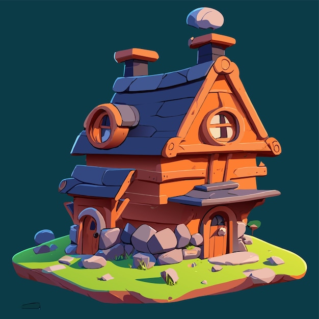 Vector gnome houten rustiek huis fantasie wereld landschap met de hand getekend plat stijlvolle cartoon sticker icoon