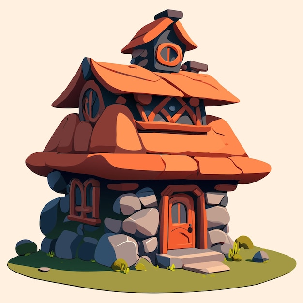Gnome houten rustiek huis fantasie wereld landschap met de hand getekend plat stijlvolle cartoon sticker icoon