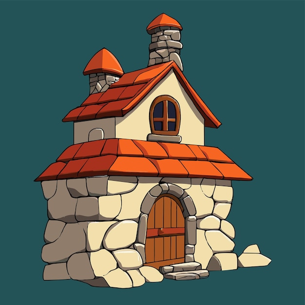 Gnome houten rustiek huis fantasie wereld landschap met de hand getekend plat stijlvolle cartoon sticker icoon