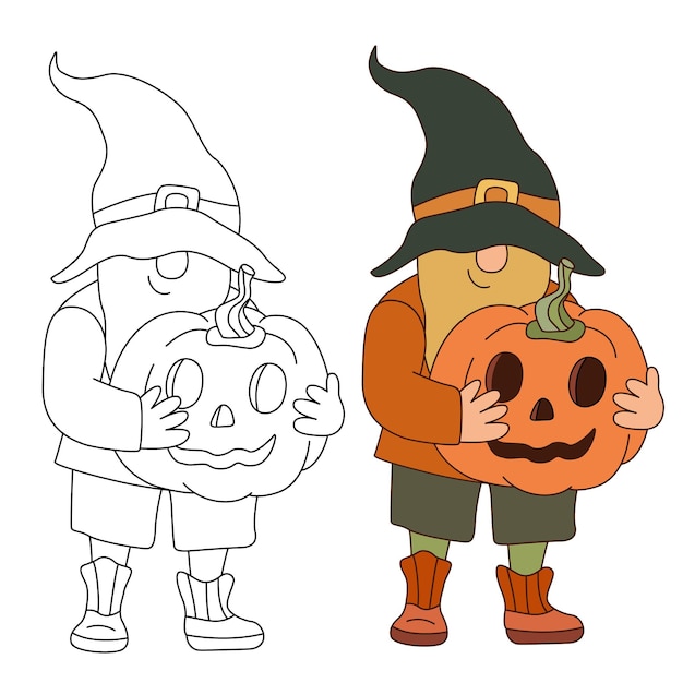 Gnome met Halloween pompoen hand getrokken doodle vectorillustratie.