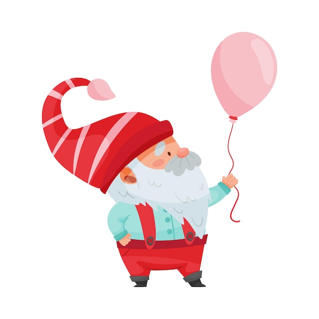 Gnome-personage met witte baard en rode puntige hoed die een ballon vasthoudt Vector-illustratie