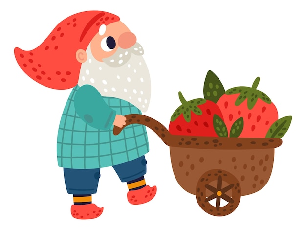 Gnome pushing wheelbarrow with berries Garden harvest character