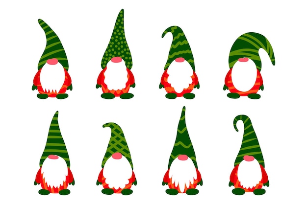 Gnome set Christmas Scandinavian small gnomes in a New Year's santa hat Set of flat doodle cartoon