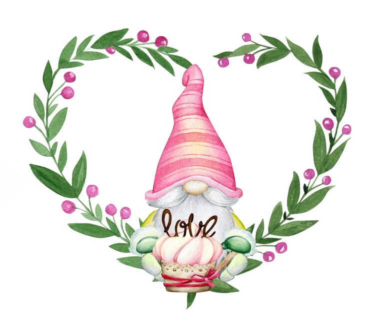Vector gnome, sitting with a cake, surrounded by green branches. watercolor concept, on an isolated background, for valentine's day.