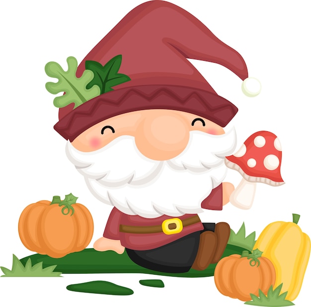 A gnome sitting with his mushroom and pumpkins