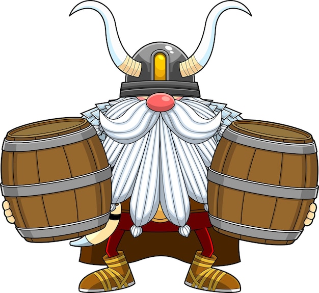 Vector gnome viking warrior cartoon character carry two wooden barrels of beer