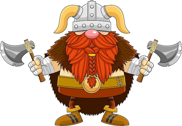 Мультипликационный персонаж Gnome Viking Warrior держит два топора. Векторная ручная иллюстрация