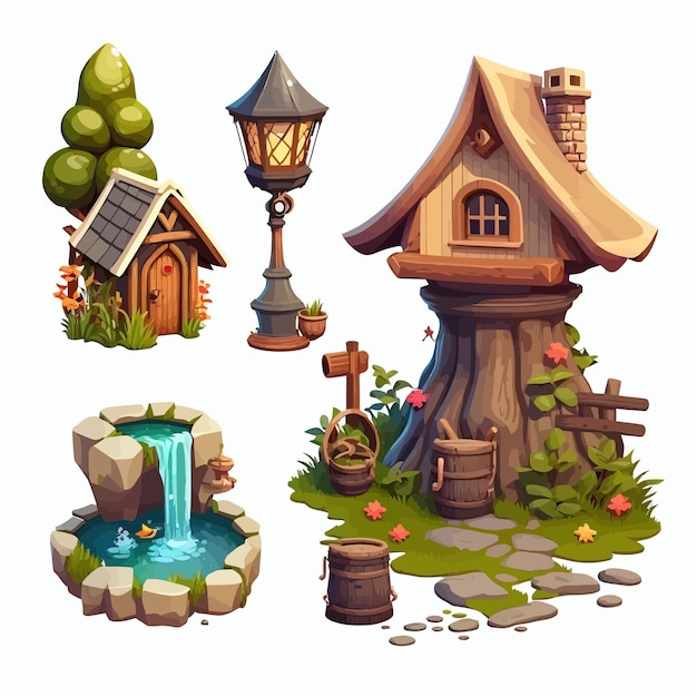 Gnome village set with fantasy houses water well and wooden bench Isolated on background Cartoon vector illustration