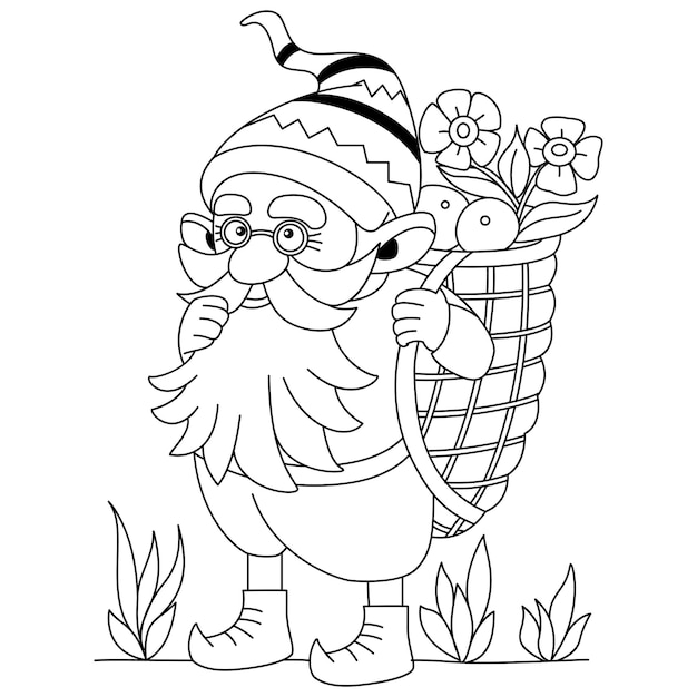 Gnome with a bag of flowers gift or dwarf cartoon character outline artwork coloring pages