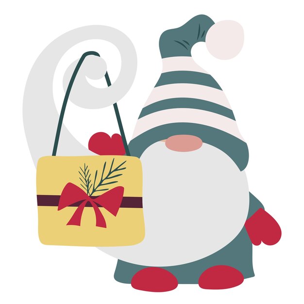 ベクトル 長いひげと帽子をかぶったノーム クリスマス用のギフト ボックスを持つスカンジナビアのキャラクター おとぎ話の小人