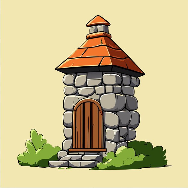 Gnome wooden rustic house fantasy world landscape hand drawn flat stylish cartoon sticker icon